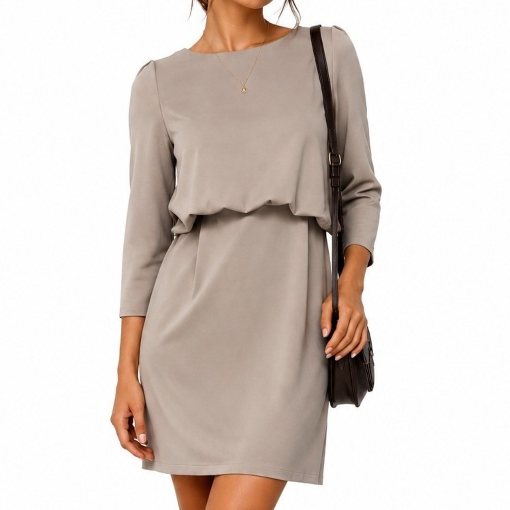 Vintage Inspired Minimalist Taupe Layered Sheath Dress Lace Back Detail Size M